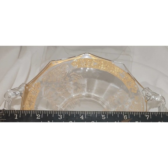 Cambridge Etched Glass Plate Elaine Pattern Brushed Gold Trim Handled - Picture 3 of 5